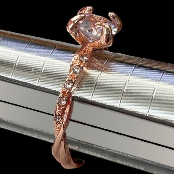 Rose Gold Solitaire Simulated Zircon Ring Fashion Dinner Cocktail Side Stones - Picture 8 of 13